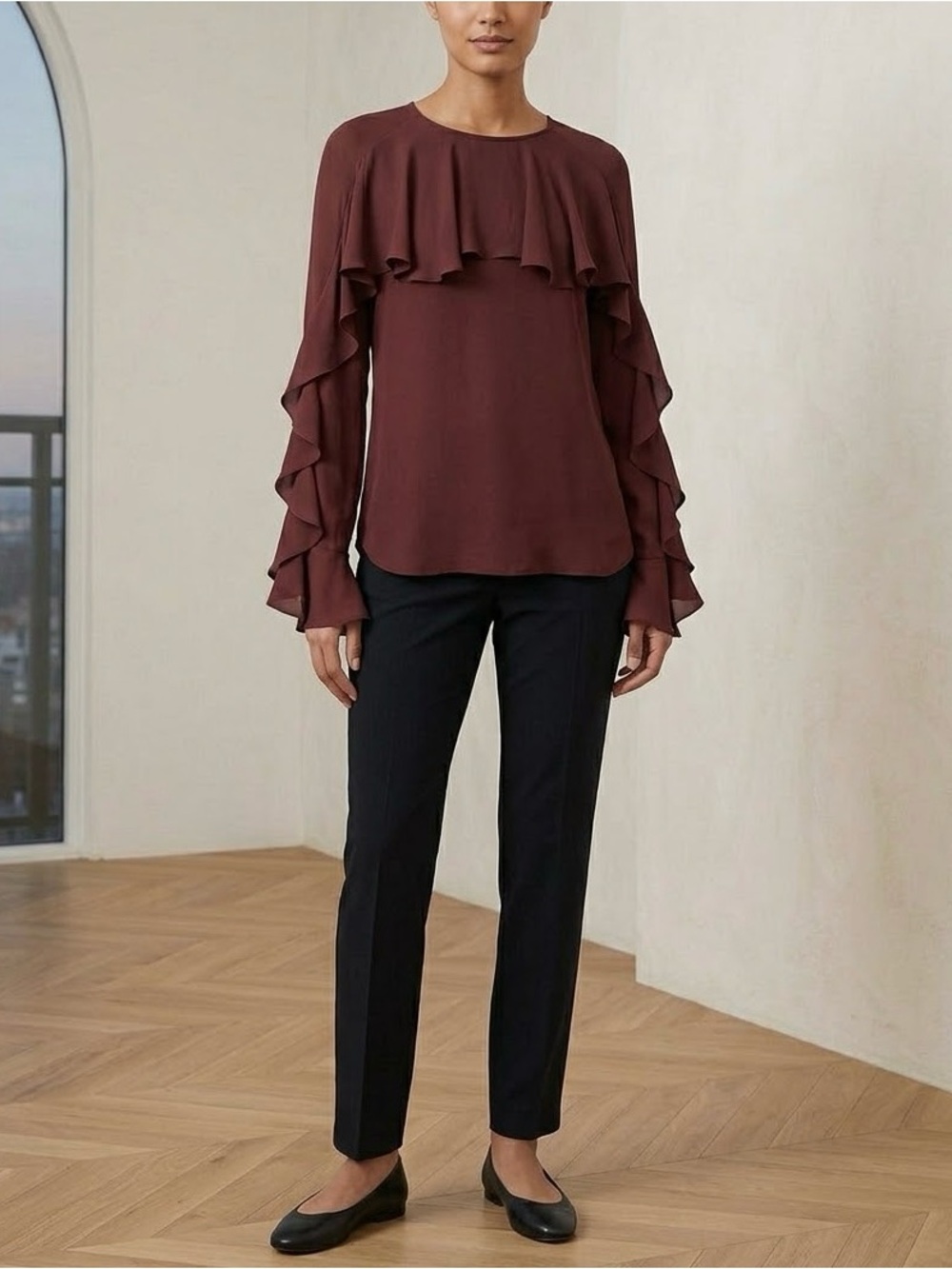 Veronica Beard 100% silk Women's Ruffle-Sleeve Blouse Pants Outfit - Burgundy